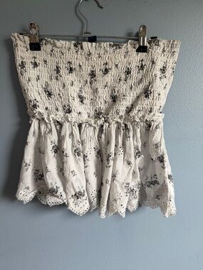 American Eagle Outfitters White Floral Smocked Strapless Top